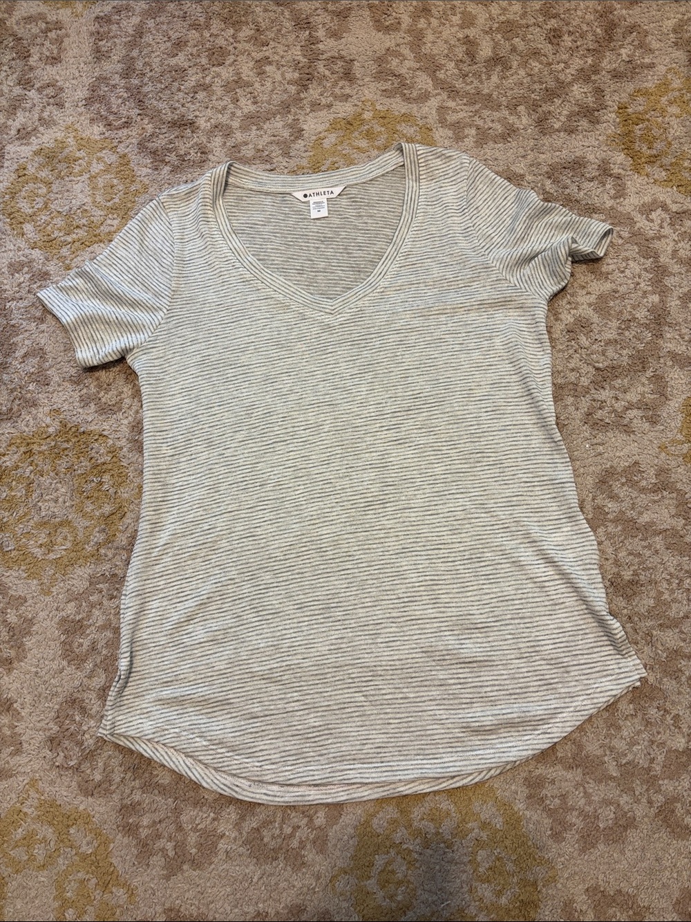 Athleta Short Sleeve V-Neck Tee in Light Gray and White Stripe
